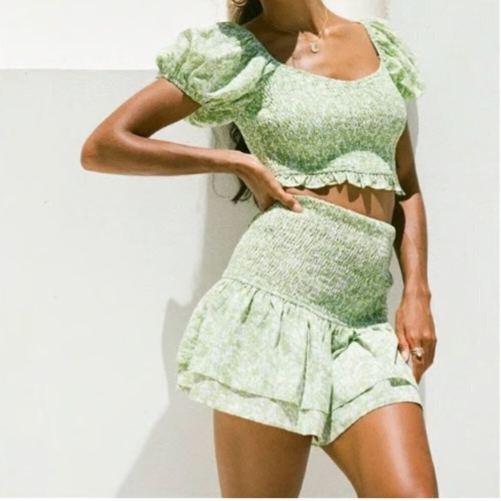 Sabo Monaco Skirt Shirred Leti Top 2 Piece Set Floral Stretch Green Size XS